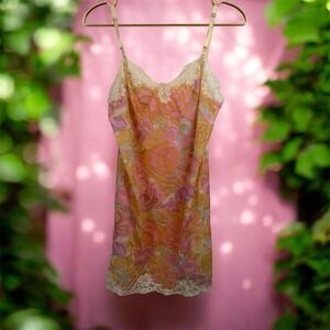 Vintage Vanity Fair Y2K Pink Orange Nylon Slip Dress Made in USA Size 34 Lace S
